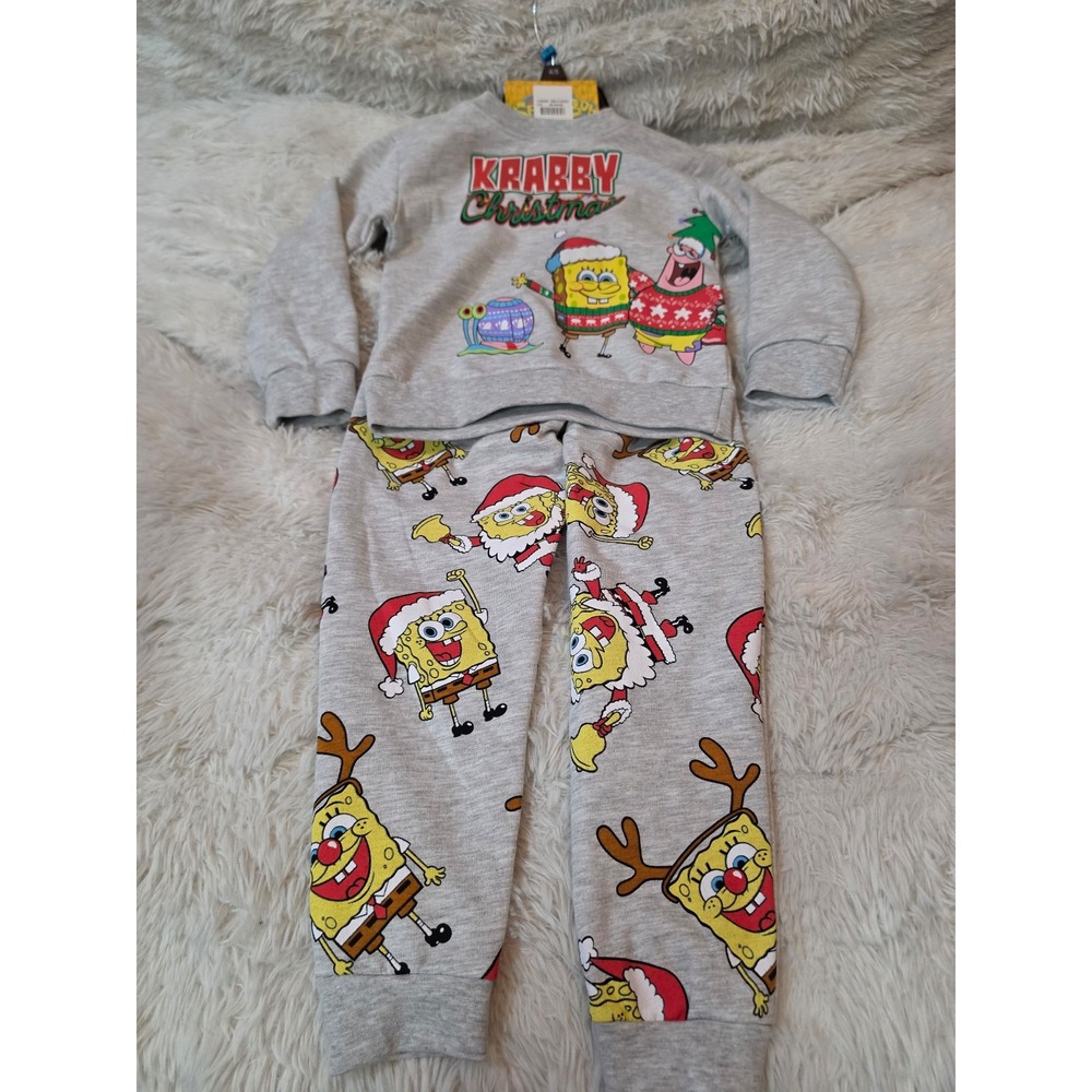 SpongeBob SquarePants Krabby Christmas 2-Pc Sweatsuit Pajama Set Gray 4/5 NEW